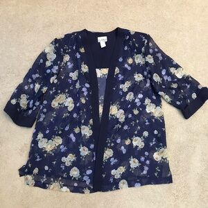 Vintage 80s Sheer Floral Kimono Jacket Women Size 18W Navy Yellow Roses USA Made